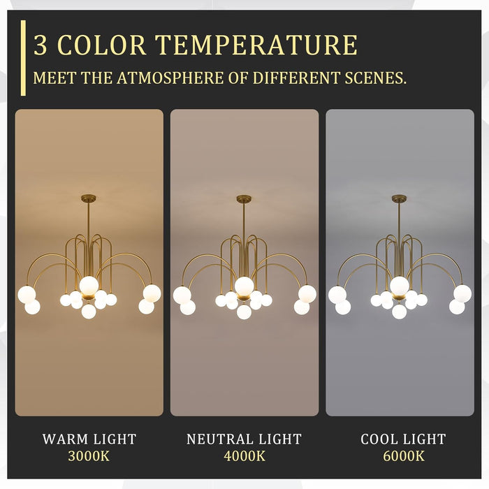 Large Sputnik Chandeliers 12 Lights Modern Gold Chandelier for High Ceiling L52” Mid Century Ceiling Pendant Light Fixtures with Milk Glass Globe Shades for Living Dining Room Foyer Staircase