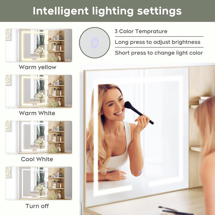 35" Boho Makeup Vanity Desk with LED Lighted Mirror & Power Strip, Wooden Dressing Table Set with Rattan Drawers, Storage Shelves and Cushioned Stool for Bedroom, for Girls Women