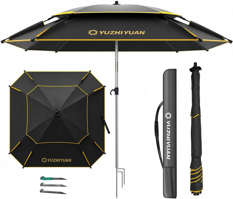 Patio Umbrella with Exclusive Black Coating, 7.2Ft/7.8Ft Heavy-Duty Double-Layer Nylon Canopy, Adjustable Tilt Sun Shade Outdoor Table Umbrella, UV Protection & Carry Bag for Beach, Fishing, Backyard