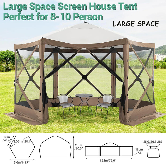 12X12 Pop up Canopy Gazebo, Outdoor Canopy Tent Screen House with 6 Sidewalls and Netting for Camping, Waterproof, UV Resistant, Ez Set-Up Party Tent with Carrying Bag and Ground Stakes,Brown