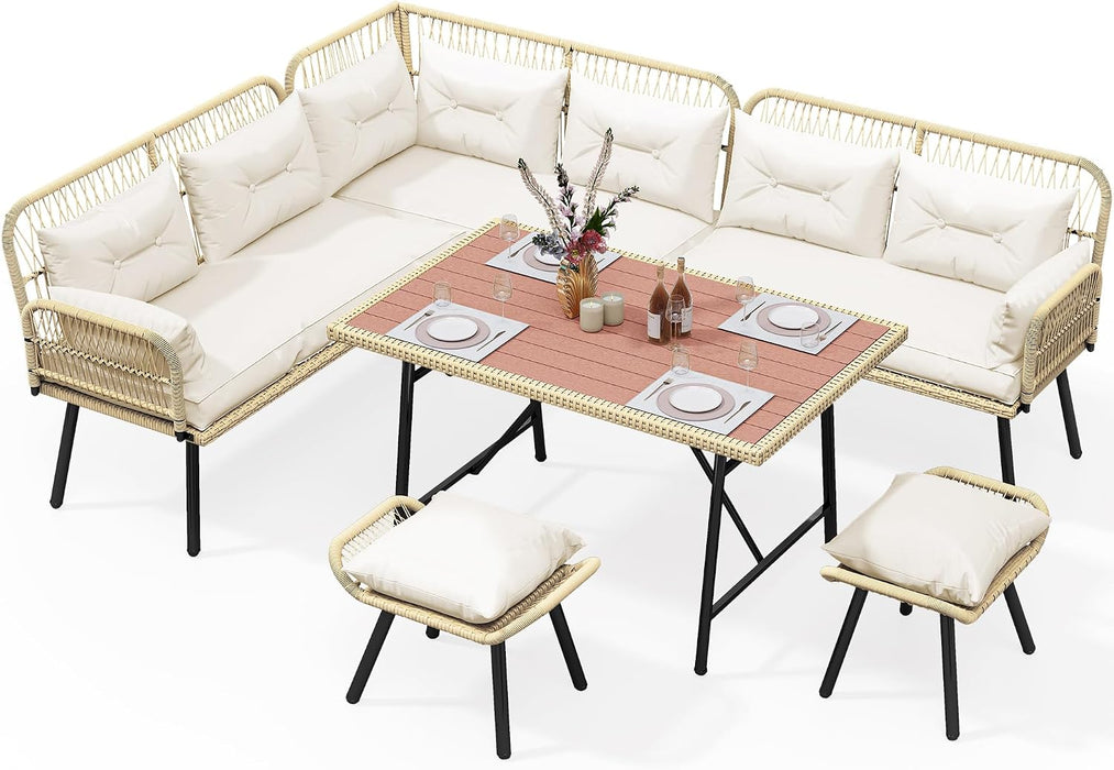 L-Shaped Rattan Patio Furniture Set Light Brown Beige