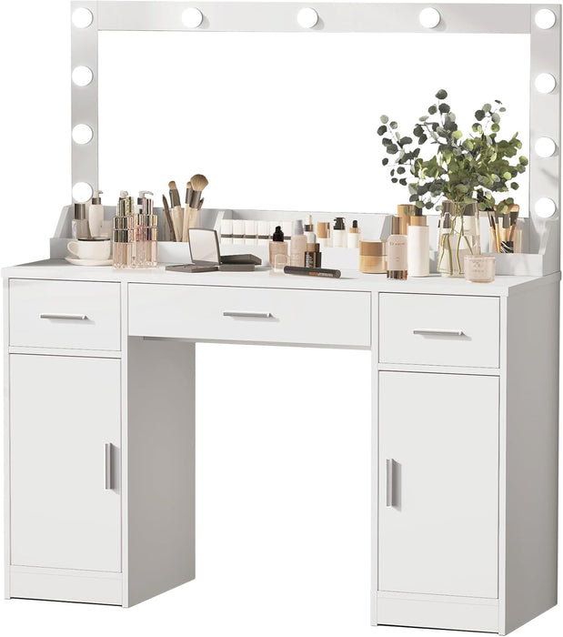 47.5” Vanity Desk with Large Mirror, 3 Colour Lighting Modes, Adjustable Brightness, Dresser with 3 Drawers & 2 Vertical Cabinets, Makeup Vanity Table for Women Girls