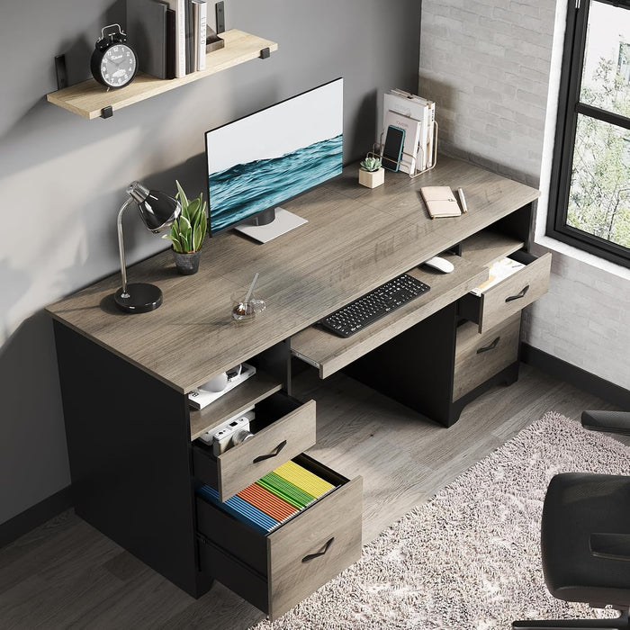 59 Inch Office Desk with 4 Drawers, Computer Desk with Storage, Executive Desk with File Drawer, Keyboard Tray & 2 Pedestals on Both Sides for Home Office, Studio, Grey&Black