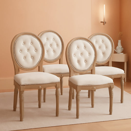 French Country Set of 4, Farmhouse Dining Chairs with round Button Back, Solid Wood Legs, French Dining Chairs for Kitchen/Bedroom/Dining Room