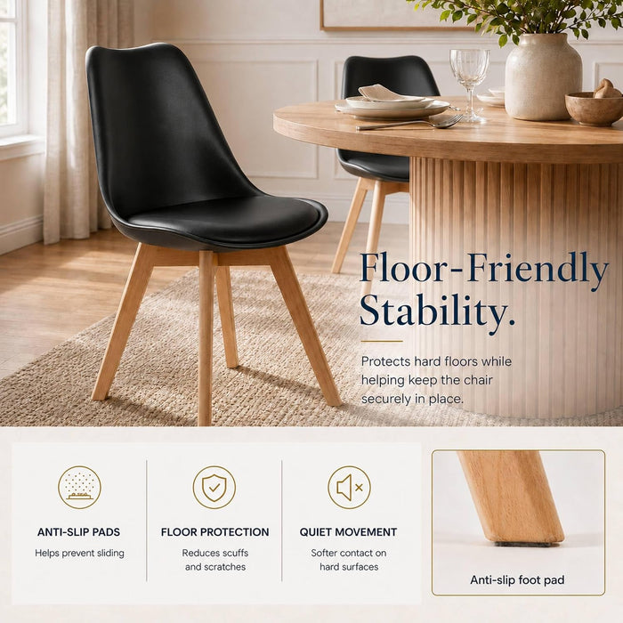 Dining Chairs Set of 4, Modern Upholstered Dining Room Chairs with PU Leather Padded Seat, Armless Kitchen Chairs with Curved Backrest and Solid Wood Legs for Dining Room, Kitchen, Apartment, Black
