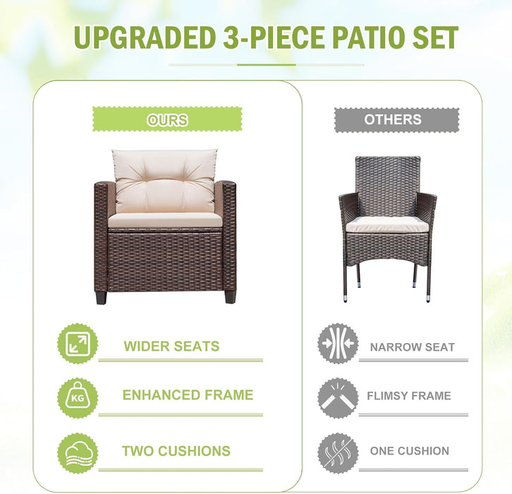 3 Pieces Patio Furniture Set Outdoor Wicker Chairs and Table, Beige