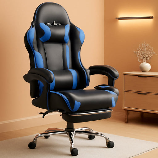 Video Game Desk Chair - Ergonomic Computer with Footrest and Comfy Lumbar Support, PU Leather Recliner with Headrest, Fixed up Armrest, Height Adjustable with 360° Swivel, for Adults, Blue