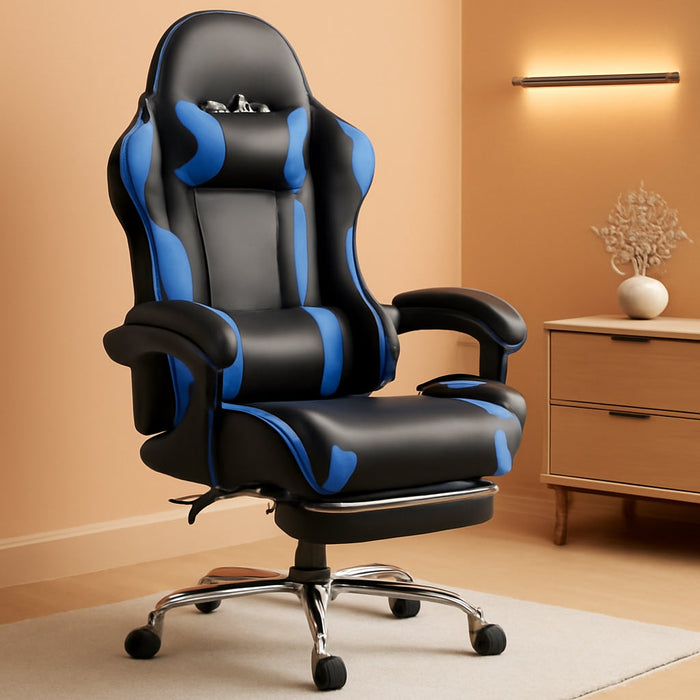 Video Game Desk Chair - Ergonomic Computer with Footrest and Comfy Lumbar Support, PU Leather Recliner with Headrest, Fixed up Armrest, Height Adjustable with 360° Swivel, for Adults, Blue