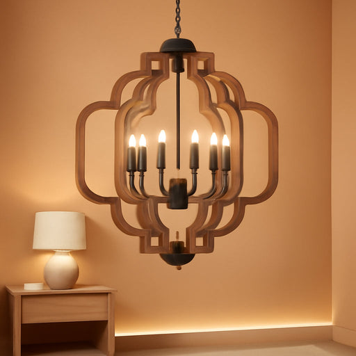 24.6" Farmhouse Vintage Chandelier 8-Light for Dining Room Rustic Handmade Wood Hanging Ceiling Pendant Light Fixture for Entryway Brown Retro Chandeliers for Kitchen Bedroom Foyer Hallway