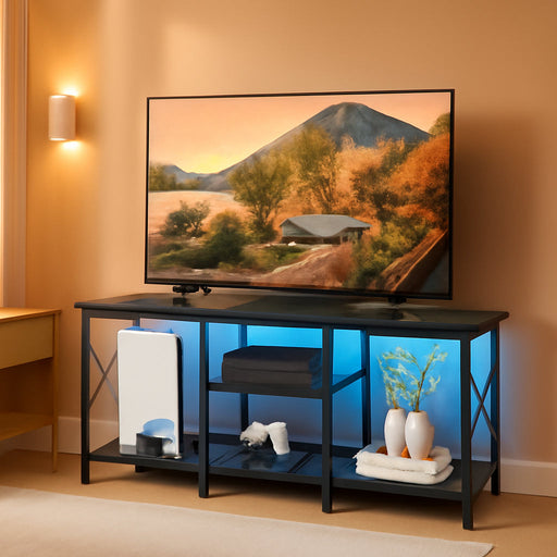 TV Stand with LED Lights for 55 Inch TV, Entertainment Center with 3-Tier Open Shelves, TV Console Table for Living Room, Bedroom, Black