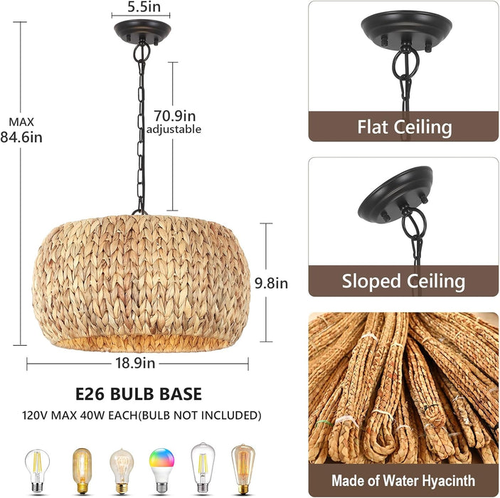 Farmhouse Chandelier for Dining Room,5-Light Boho Chandelier Light Fixture with Water Hyacinth Lampshade,Rattan Dining Room Chandelier Light Fixtures for Kitchen Island Bedroom Living Room