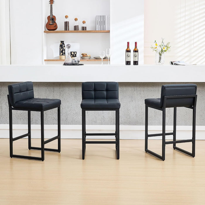Bar Stools Set of 3, Upholstered Faux Leather Counter Height Barstools with Low Back and Thickened Metal Legs, Modern Bar Chairs for Kitchen Island, Bar (Black, 3Pcs 26" Counter Stools)