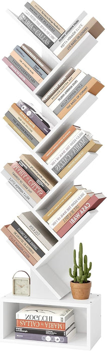 9 Tier Tree Bookshelf, Tall Bookcase with Drawer, Wood Book Shelf, Modern Floor Standing Bookshelves, Book Organizer Shelves for Bedroom, Living Room, Home Office, White