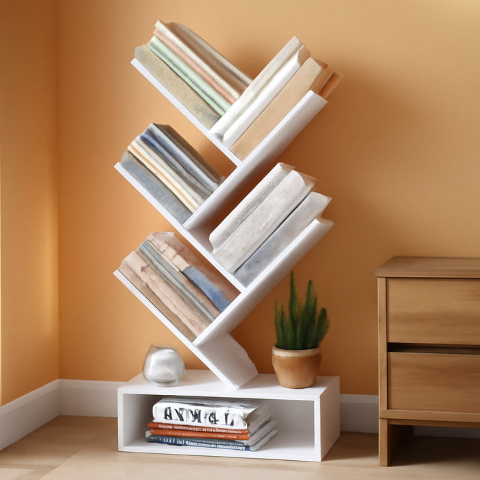 9 Tier Tree Bookshelf, Tall Bookcase with Drawer, Wood Book Shelf, Modern Floor Standing Bookshelves, Book Organizer Shelves for Bedroom, Living Room, Home Office, White