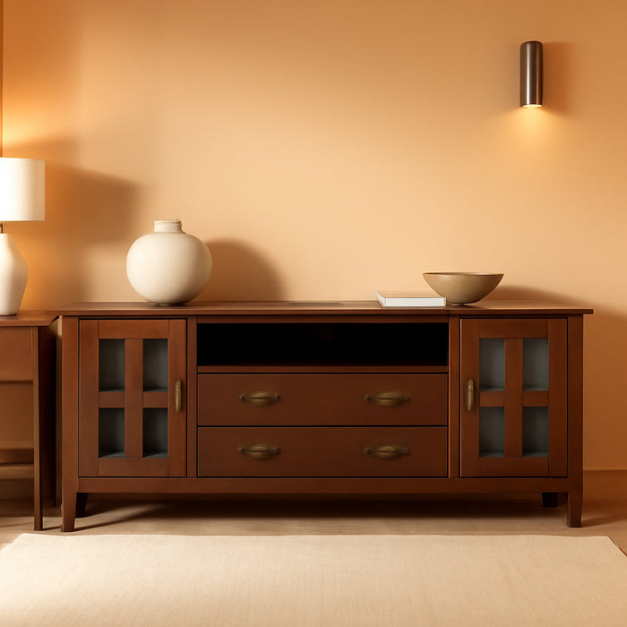 Artisan SOLID WOOD Universal TV Media Stand, 72 Inch Wide, Contemporary, Living Room Entertainment Center, Storage Cabinet, for Flat Screen Tvs up to 80 Inches in Russet Brown