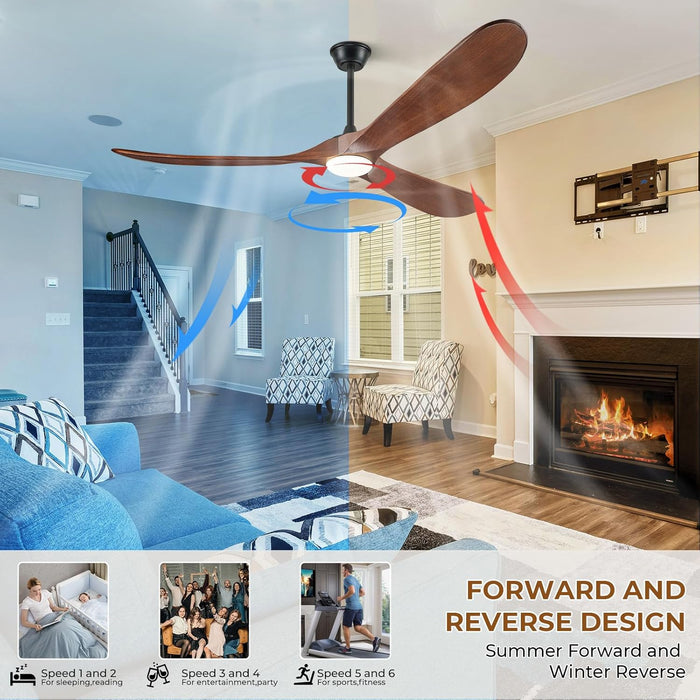 52" Ceiling Fans with Lights and Remote Control, Outdoor Ceiling Fan with Lights High CFM Quiet 3 Blade Wood Walnut Fan, Propeller Ceiling Fan for Outdoor/Indoor,Deep Walnut