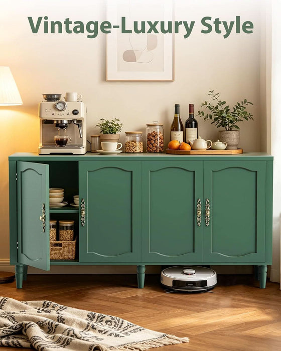 63" Sideboard Buffet Cabinet, Mid Century Modern Credenza Storage Cabinet with Carved Handle & Adjustable Shelves, Buffet Table Kitchen Coffee Bar for Living Room Dining Room - Green