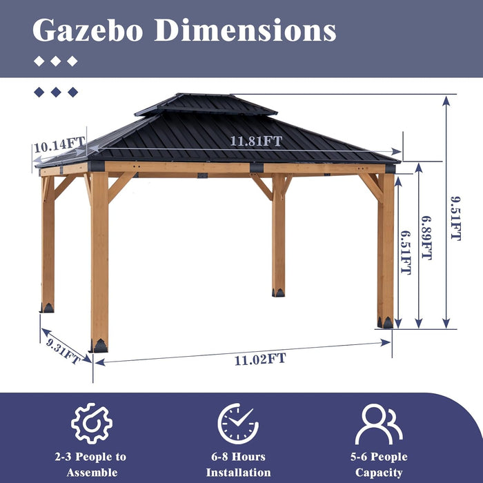 10X12 FT Cedar Wood Gazebo,Hardtop Wooden Gazebo with 4.6In Thickened Posts&High Load-Bearing Galvanized Steel Roof for Outdoor, Patio, Backyard-Natural