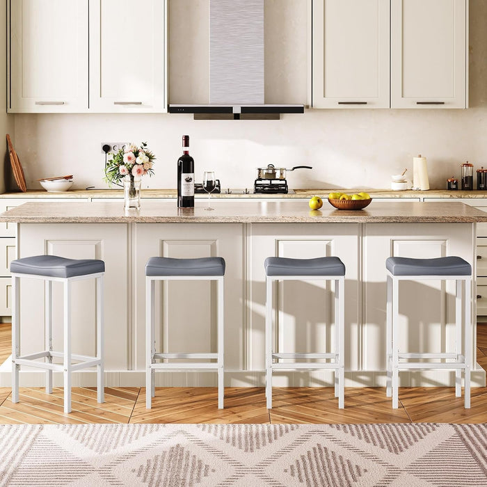 Bar Stools, Set of 2 Bar Chairs, Counter Height Stools, Saddle Stools with Curved Surface, Kitchen Stools, 24.8 Inches, 2.4" Thick Upholstery, for Kitchen, Dining Room, White and Gray WG10BY01