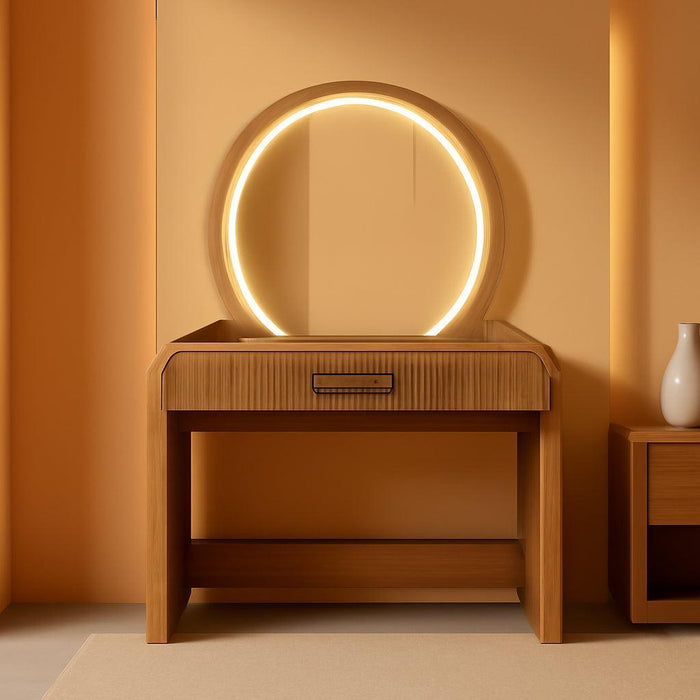 36" Fluted Vanity Desk with HD Lighted Mirror, Rubber Wood Modern Vanity Desk with Drawer & Mobile Mirror, 2-In-1 Dressing Table for Bedroom, Espresso