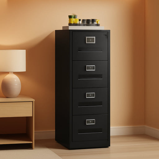 4 Drawer File Cabinet, Vertical File Cabinets with Lock for Home Office,Heavy Duty Office Steel Filing Cabinet for Hanging Letters/Legal/A4, Assembly Required (Black)