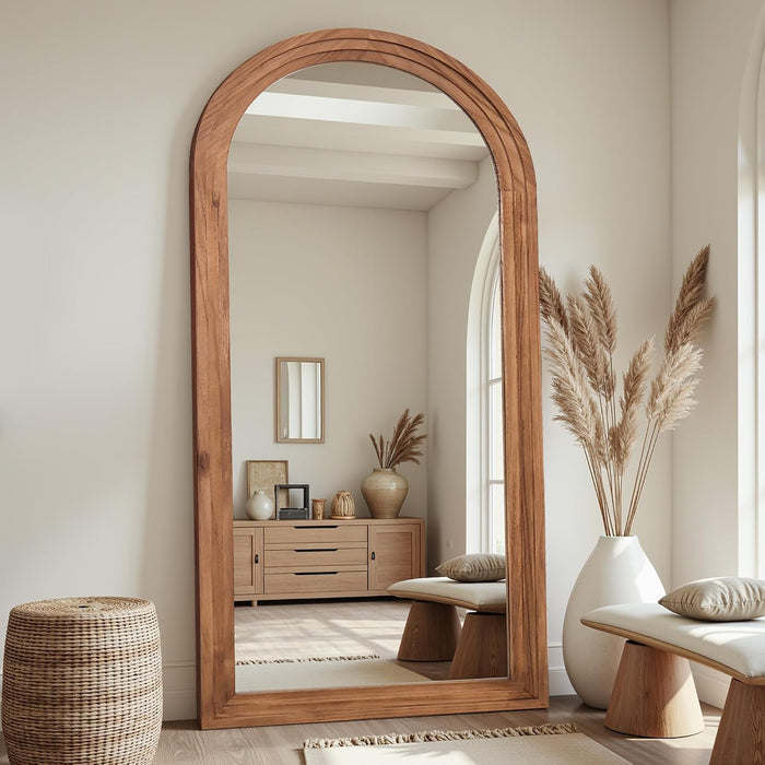 Full Length Mirror 81"X41", Arched Solid Wood Frame with Stand