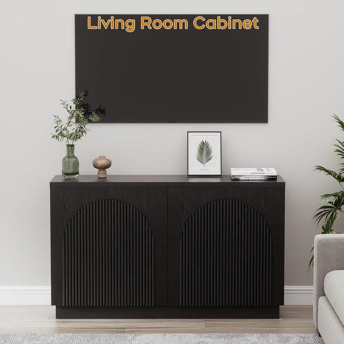 55" Fluted Sideboard Buffet Cabinet with Storage, Wood Mid Century Modern Credenza Cabinet W/Arched Reeded Doors & Adjustable Shelves for Kitchen, Living Room, Entryway, Black