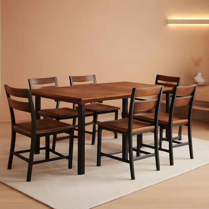 7-Piece Dining Table Set for 4-6, 63" Large Extendable Kitchen Table Set with 6 Chairs, Curved Backrest, Dining Room Table with Solid Metal Frame & MDF Board, Easy Assembly, Walnut