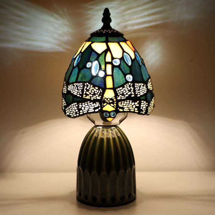 Stained Glass Mushroom Table Lamp 12.5 Inch -Yellow Dragonfly Style