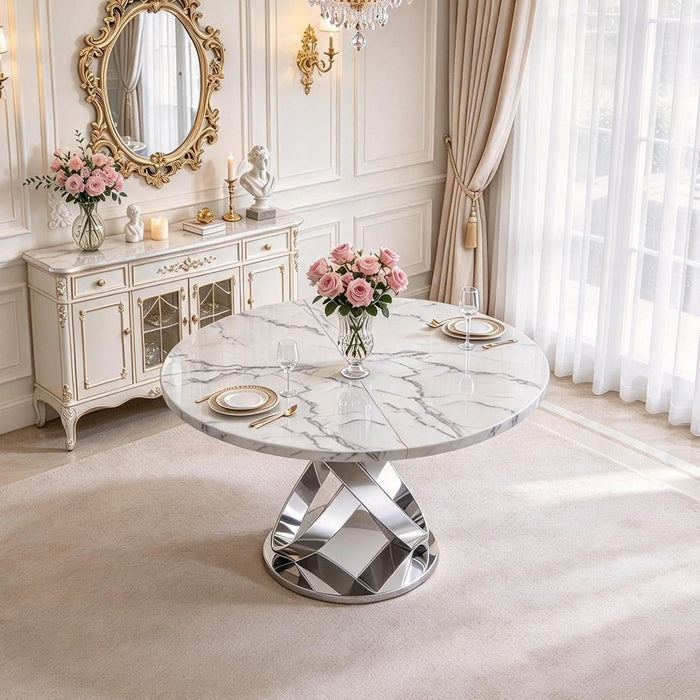47.24" round Faux Marble Dining Table for 6 W/Stainless Steel Leg
