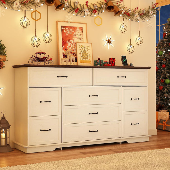 Farmhouse 9 Drawer Dresser for Bedroom,63” Wood Dresser & Chest of Drawers with Power Outlets,Large & Wide Dressers for Bedroom,Tall Storage Dresser Organizer(White)