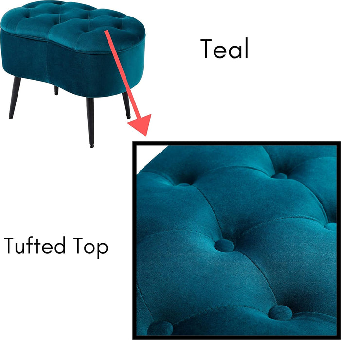 Tufted Oblong Velvet Ottoman - Mid Century Modern Design Furniture with Steel Legs - Soft, Compact, Padded Foot Stool for Living Room, Office and Bedroom- Teal Velvet, 22.5X15 Inches