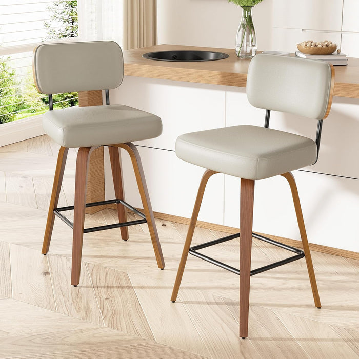 Swivel Bar Stools Set of 2, 26" Upholstered Modern Faux Leather Counter Height Barstools with Walnut Back & Bentwood Legs, Mid Century Bar Chairs Island Stools for Kitchen Counter, Beige Grey