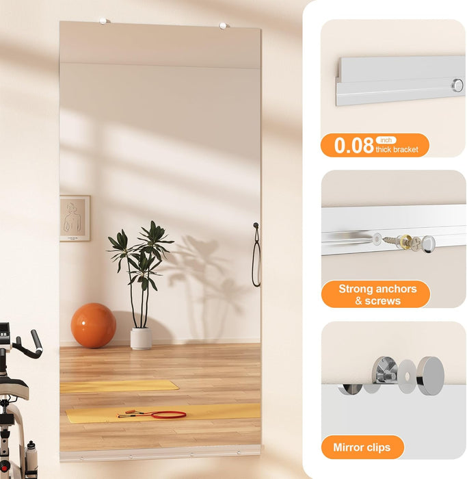 Home Gym Mirror, 48"X24" Each, 3-Pack Frameless Wall Mounted Mirrors with Glass Clamps & 2 Aluminum Rail, Large Body Mirror for Home Gym, Yoga Studio, Bedroom, Silver Tempered Glass