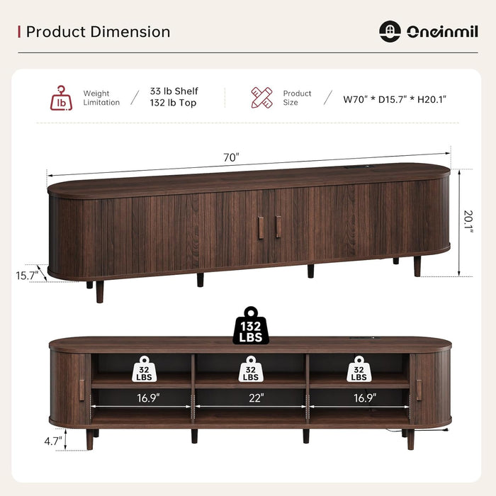70" Mid Century Modern TV Stand with Sliding Doors, Wood Entertainment Center with Storage and Adjustable Shelves, Fluted Media TV Consoles for Living Room, Walnut