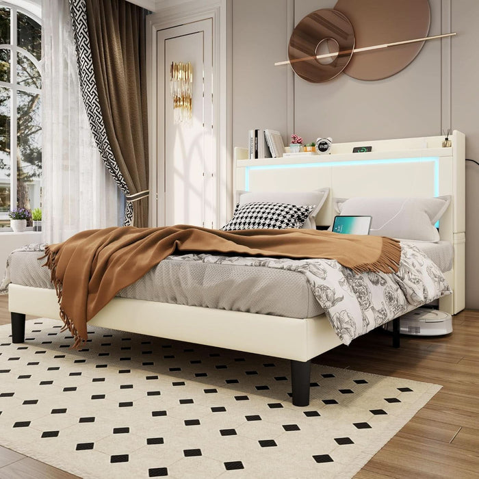 Queen PU Upholstered LED Bed Frame with Rolling Storage Nightstands, Bed Frame Queen Size with Charging Station, Wooden Slats Support, No Box Spring Needed, Noiseless, Beige White