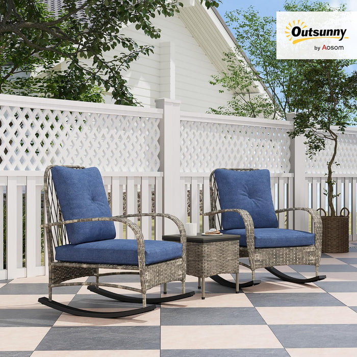 3 Piece Wicker Patio Furniture Set, PE Rattan Rocking Chairs with Coffee Table, Cushions, Outdoor Bistro Set for Porch, Garden, Poolside, Gray