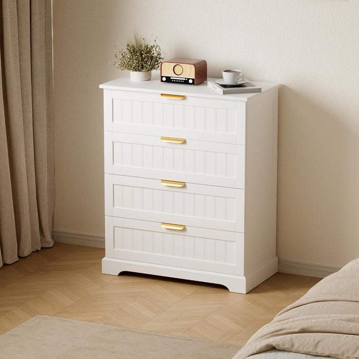 4 Drawer Dresser for Bedroom, Modern Farmhouse Wood Chest of Drawers with Metal Handles, Spacious Storage Drawers for Closet, Living Room, Entryway, White