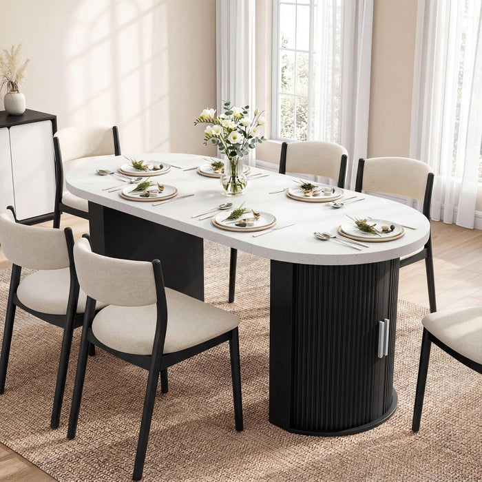 71" Oval Dining Table with Storage, Fluted Base, Black | Seats 4-6 for Daily Dining and up to 8 for Gatherings; 397 Lb Capacity, Hidden Storage, and Faux Quartz Finish.