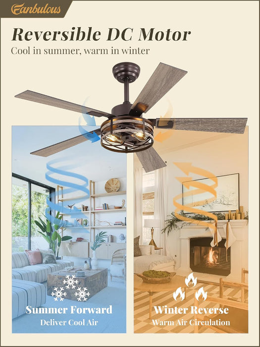 48" Farmhouse Ceiling Fans with Light & Remote, 6-Speed Caged