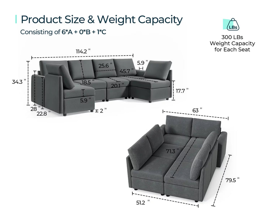 Modular Couches and Sofas Sectional with Storage, 6 Seat Sectional Sofa for Living Room, U Shaped Sectional Couch with Reversible Chaises, Dark Gray