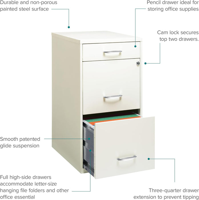 Hirsh  18" Deep 3-Drawer Contemporary Metal File Cabinet, Letter Size, Smooth Glides, for Small Office/Home Office, in Pearl White