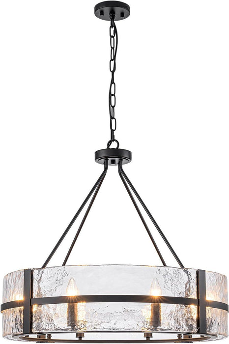 28" Black Glass Chandelier for Dining Room, 8-Light Modern Large Glass Drum Chandelier Dining Room Light Fixture over Table, Hanging Pendant Light for High Ceiling Foyer Living Room