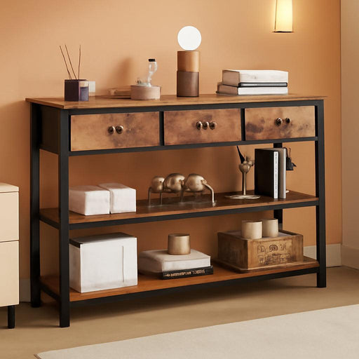Long 47" Console Sofa Table with 3 Drawers, Entryway Table with 3-Tier Storage Shelves, Industrial Display Shelf for Entry Way, Hallway, Couch, Living Room, Kitchen, Foyer, Rustic Brown
