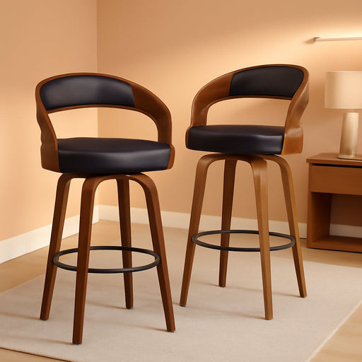 Bar Stools Set of 2, 26" Bentwood Counter Height Barstools, Black | Swivel, Mid-Century Modern, Faux Leather, Ergonomic Backrest, Padded Seat, Bentwood Legs, Footrest, for Kitchen Island, Bar