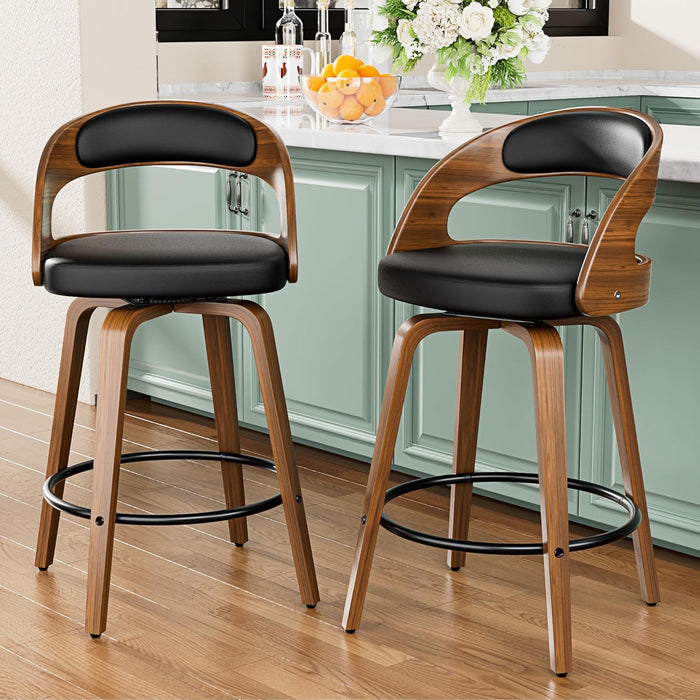 Bar Stools Set of 2, 26" Bentwood Counter Height Barstools, Black | Swivel, Mid-Century Modern, Faux Leather, Ergonomic Backrest, Padded Seat, Bentwood Legs, Footrest, for Kitchen Island, Bar