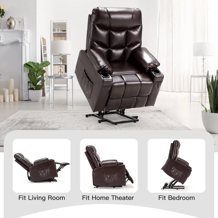 Large Power Lift Recliner for Elderly Heavy Duty Faux Leather Electric Lift Chair with Heated Vibration Massage in Brown