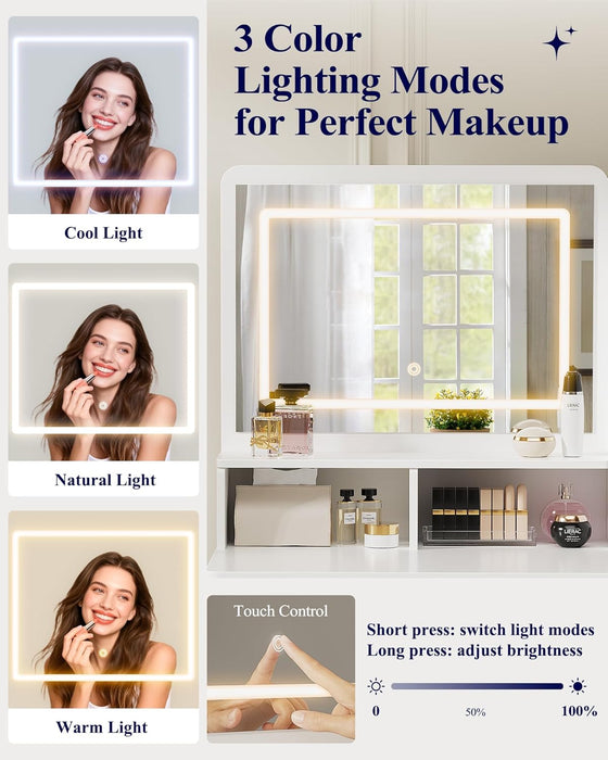 White Vanity Table With Illuminated Mirror Drawers