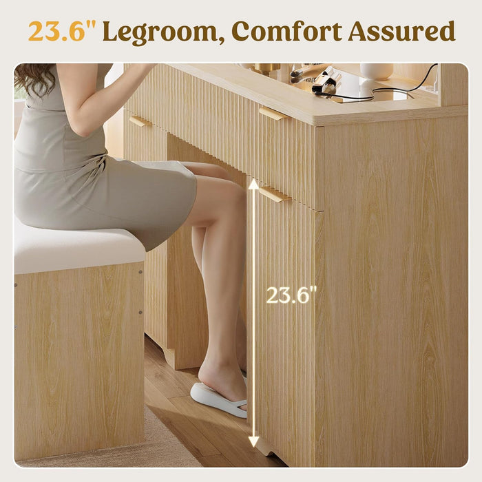 Fluted Makeup Vanity Desk with Mirror and Lights, Glass Top 48" Wood Vanities W/Charging Station , Dressing Table W/3 Drawers & 2 Large Storage Cabinets, Dustproof Organizer for Bedroom Gift(Natural)