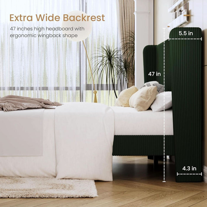 Queen Size Corduroy Upholstered Platform Bed Frame with Vertical Channel Tufted Wingback Headboard, 8" under Bed Storage, Wooden Slats & Metal Frame Support, Easy Assembly, Dark Green